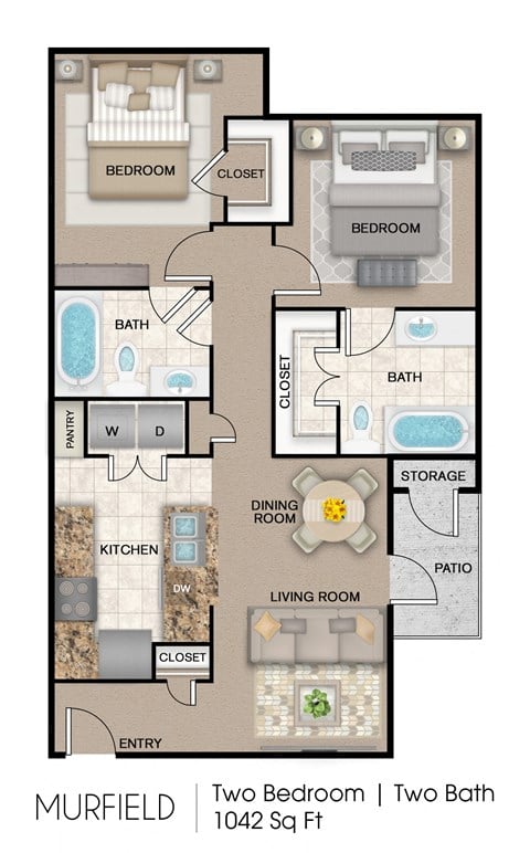 Floor plan for 2 beds, 2 baths, 1042 sqft